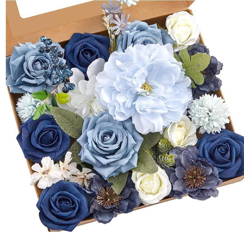 Roses Artificial Flowers Dust Blue Bouquets Box Set 21pcs