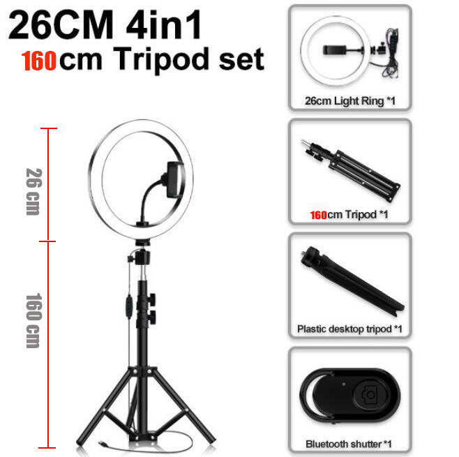LED Selfie Ring Light 26cm, Photography 26cm LED Ring Light with 160cm Tripid