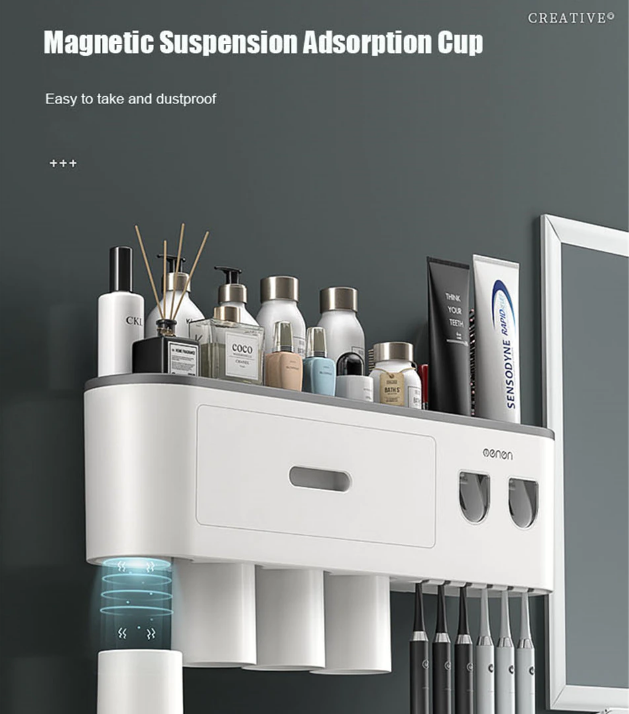 5 Cups Magnetic Adsorption Toothbrush Holder with Double Toothpaste Squeezer