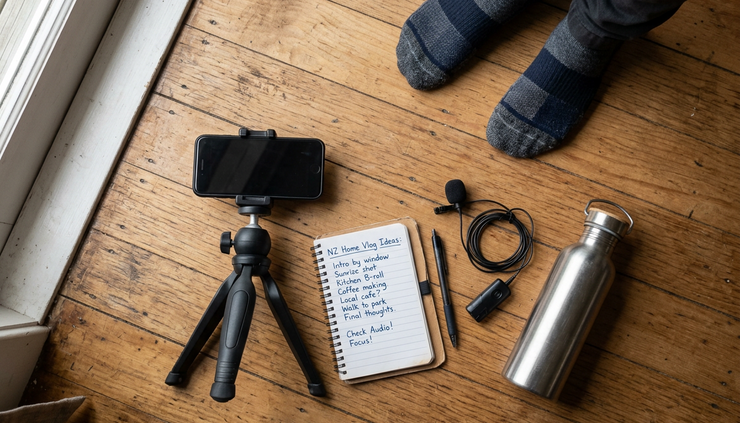 Overhead view of a creator arranging simple filming gear on a wooden floor.