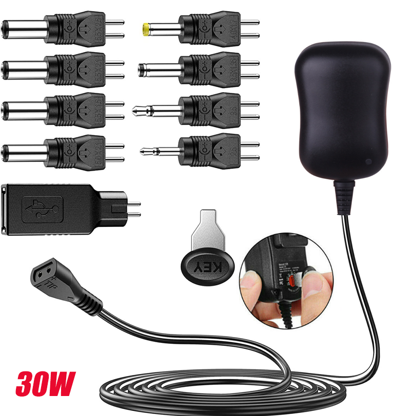 30W Adjustable Universal Power Adapter Reversible Polarity 3V - 12V
