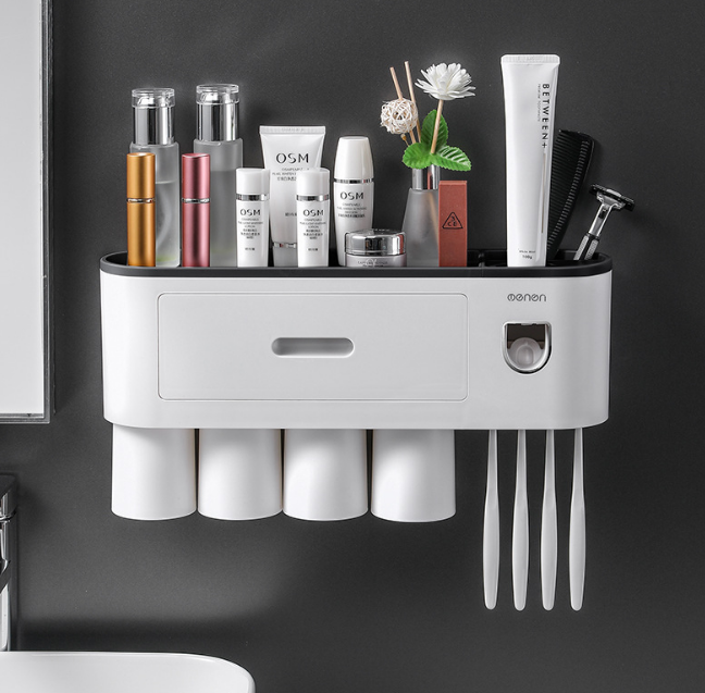 Thumbnail: Wall-Mounted Toothbrush Holder with 4 Cups, 1 Toothpaste Dispenser & Storage