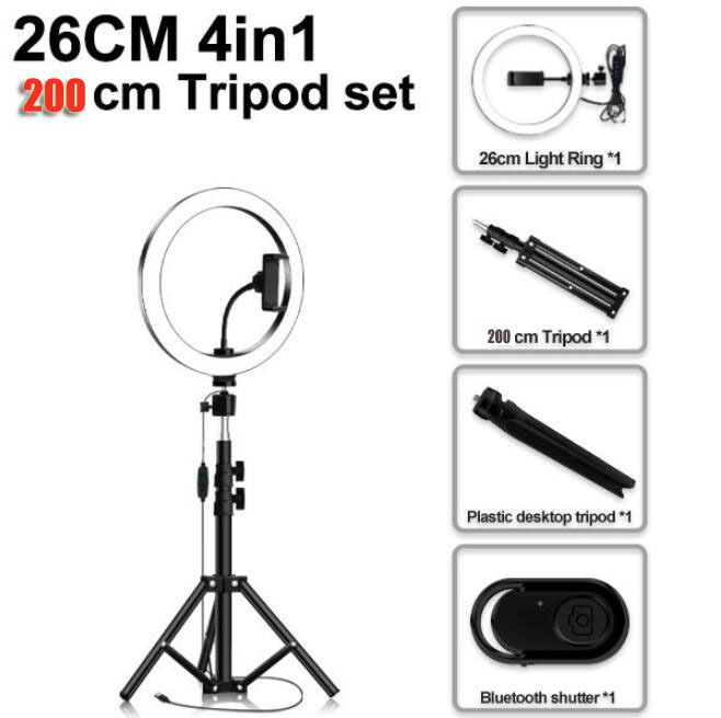 LED Selfie Ring Light 26cm, Photography 26cm LED Ring Light with 120cm Tripid