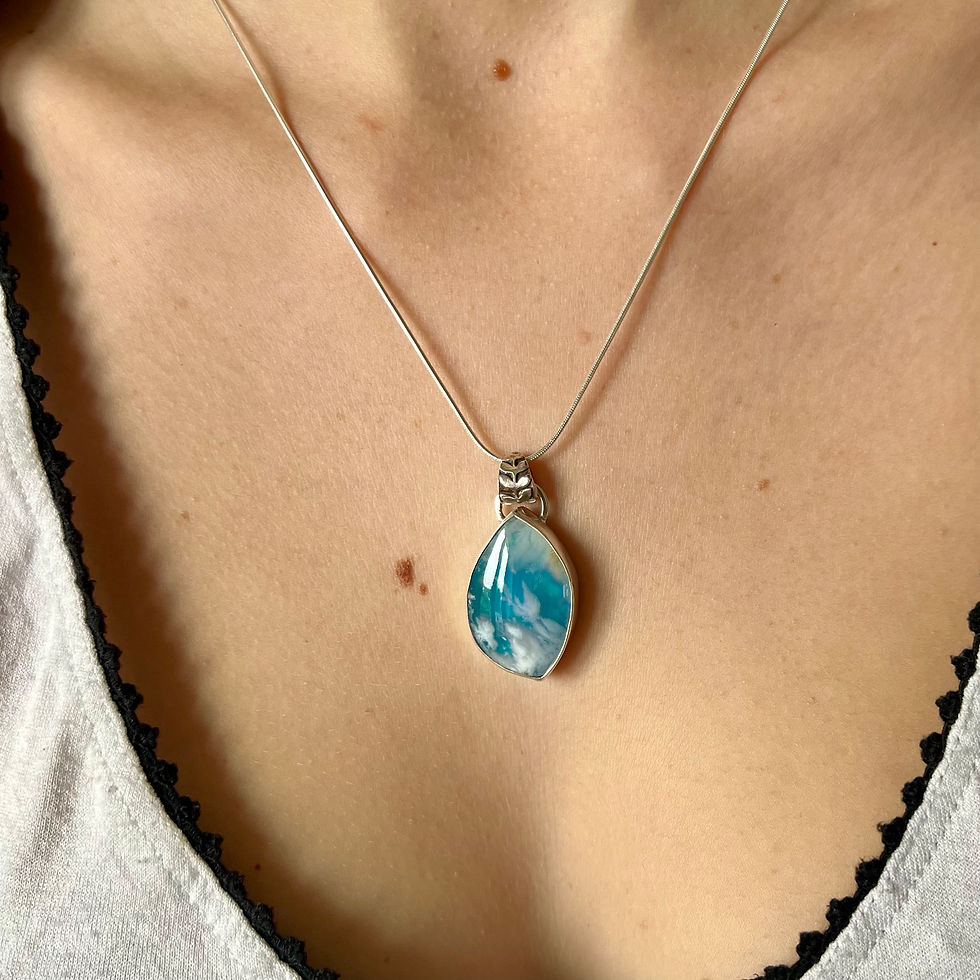 Thumbnail: Asymetric Tear Drop Plume agate turquoise pendant