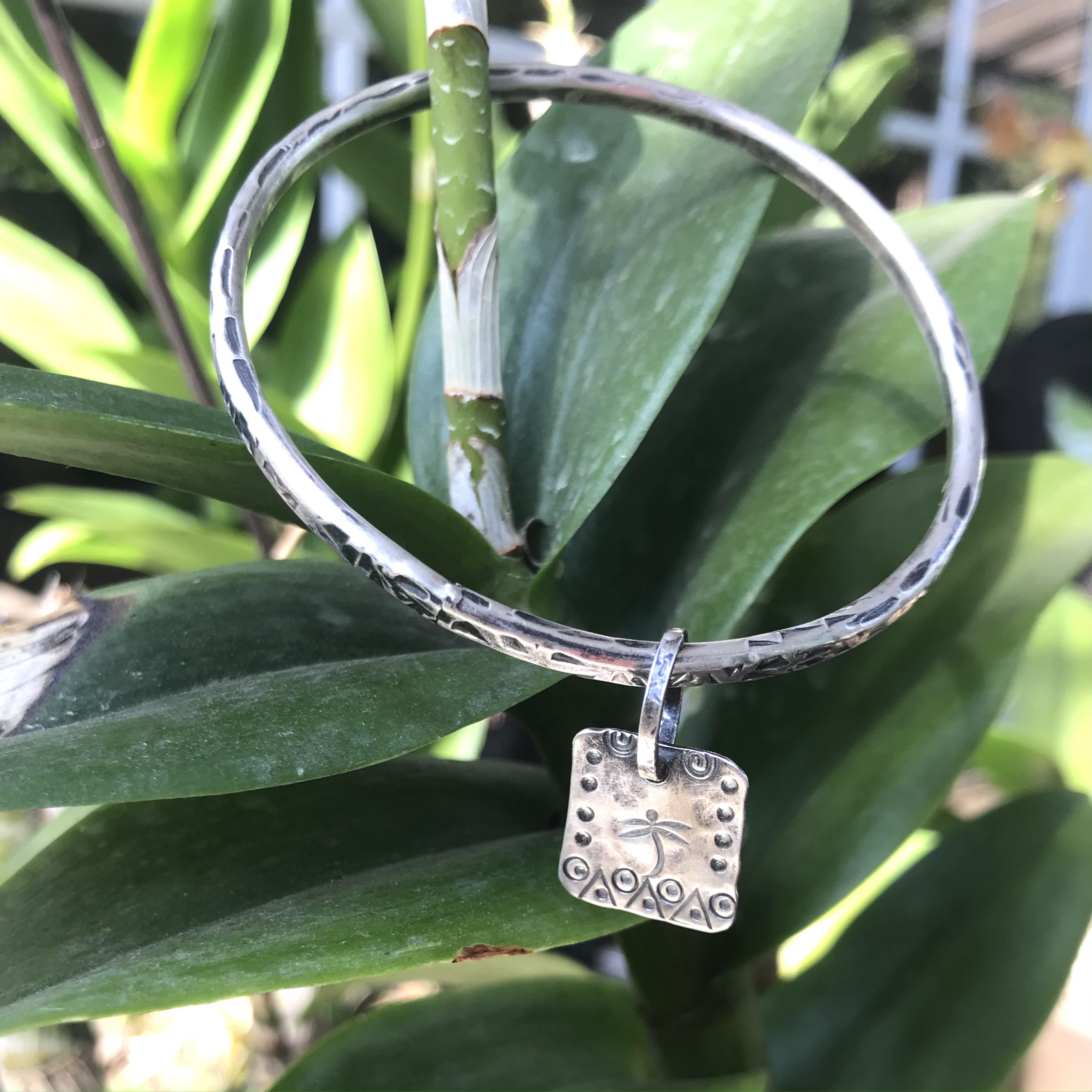 Chunky Silver Bangle with Signature Charm