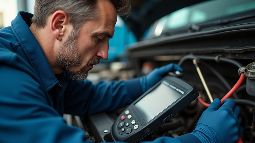 Close-up view of a mobile diesel mechanic using diagnostic tools on a truck engine
