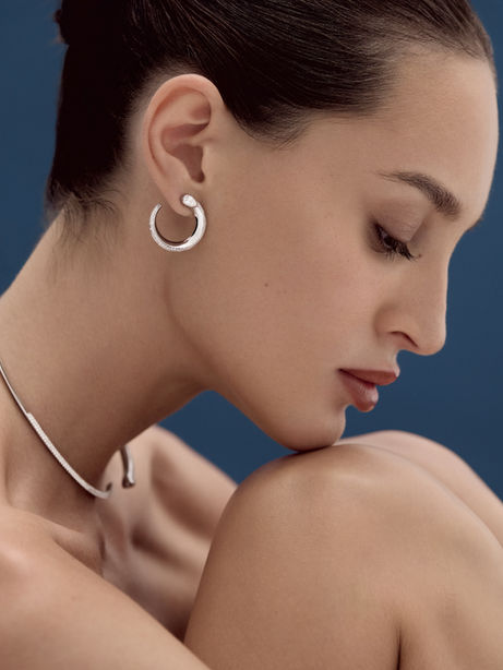 Side profile portrait showcasing luxury earrings and necklace
