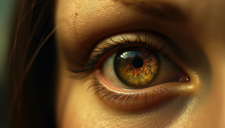 Ekstremalne zbliżenie oka Mony Lisy z widocznymi mikroskopijnymi literami w źrenicy