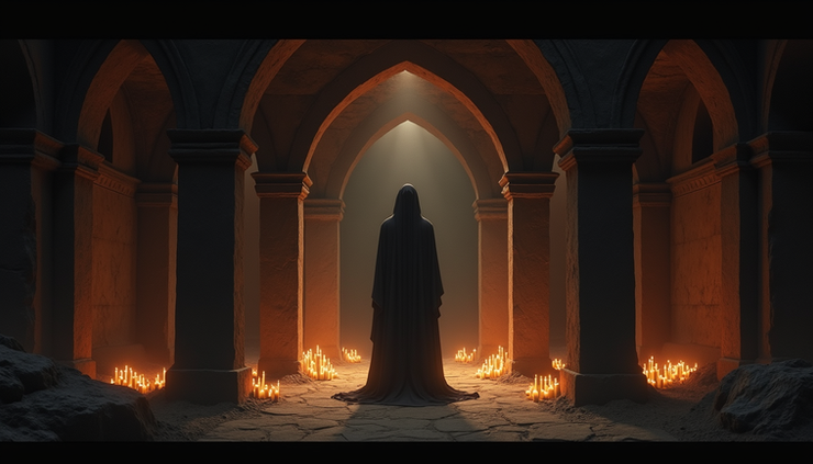 Vista cenital de una figura oscura de Baphomet en una sala subterránea iluminada por una vela, con sombras alargadas en las paredes