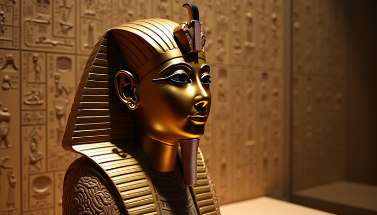 Vista laterale ravvicinata della maschera funeraria d'oro di Tutankhamon posta su un piedistallo, con geroglifici sfocati sullo sfondo