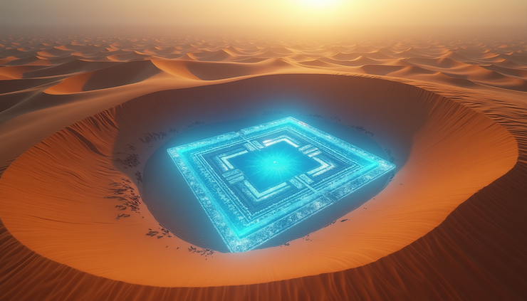 High angle view of a flat desert with a digital blue light overlay revealing the floor plan of a hidden pyramid beneath the sand