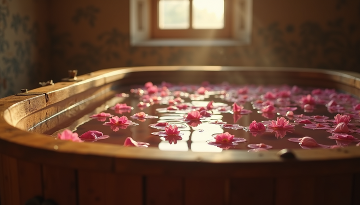 Widok z bliska na drewnianą balię w średniowiecznej łaźni z płatkami kwiatów na powierzchni wody