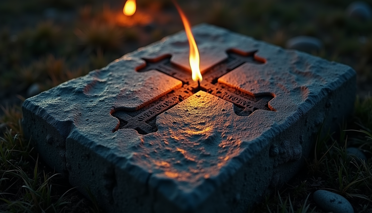 Plano medio de una cruz templaria grabada en piedra bajo la luz de antorchas