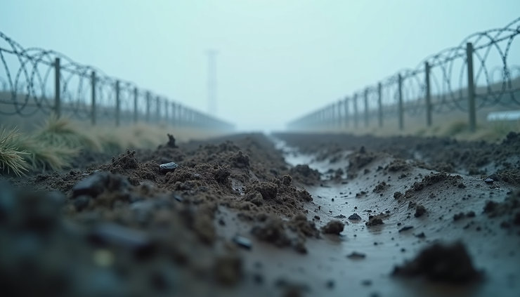 Nahaufnahme eines verschneiten Fußballfelds im Niemandsland mit Stacheldraht und Schützengräben im Hintergrund