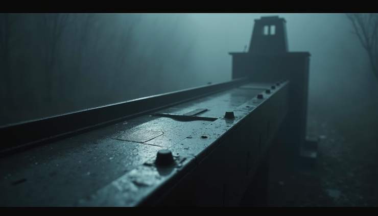 Close-up view of the guillotine blade reflecting cold light, set against a dark, foggy background