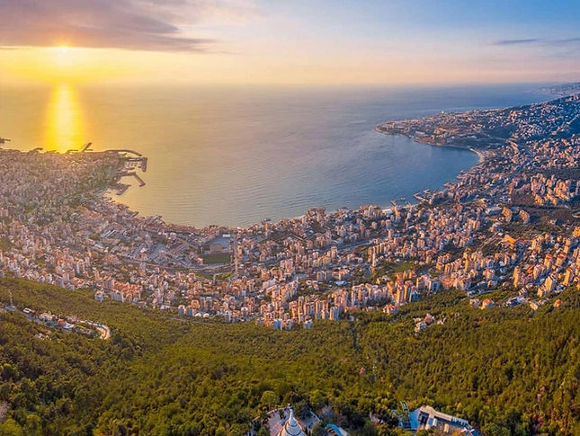 Panoramic sunset view over Jounieh bay and city from Harissa, Lebanon