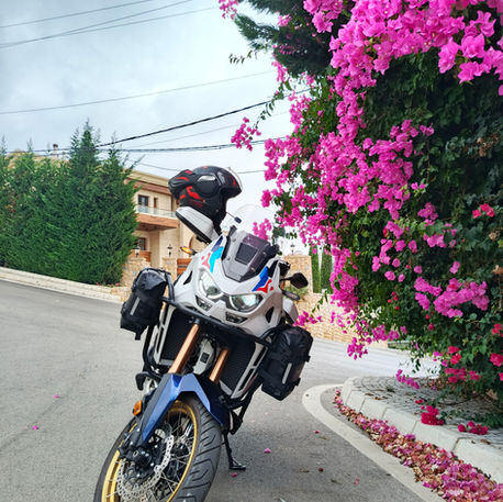 Front view of a Honda Africa Twin Adventure Sports used for motorcycle experiences in Lebanon