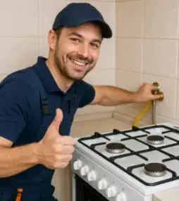 Smiling gas engineer checking cooker, thumbs up
