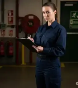 Female fire inspector conducting HSE property checks