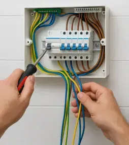 Electrician installing electrical panel wires