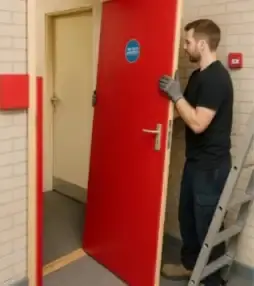 Man installing red fire door