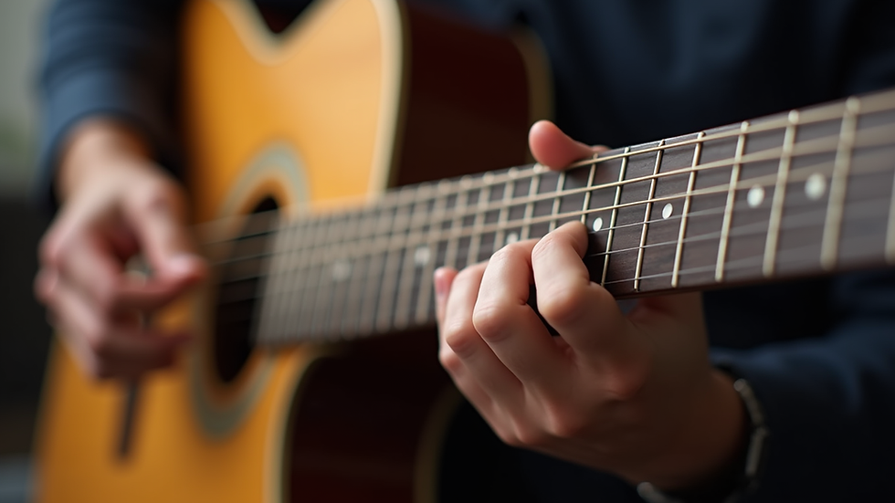 Close-up view of a guitar neck and fingers forming a chord during an online lesson