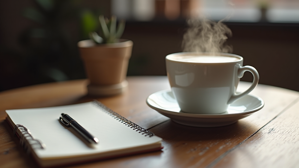 Close-up view of a steaming cup of coffee on a wooden table with a notebook and pen