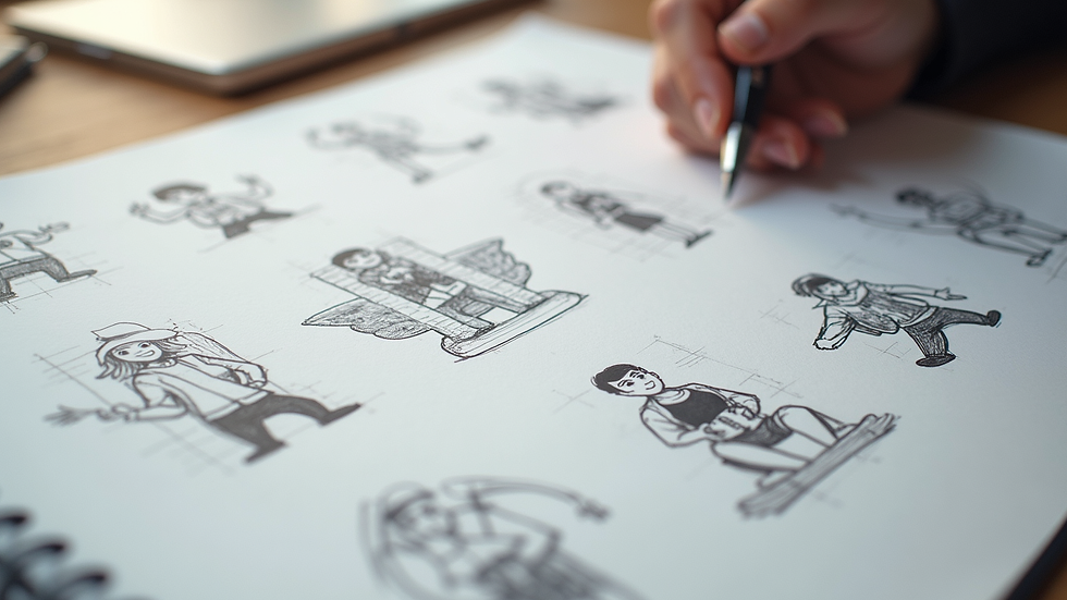 Close-up view of a storyboard with sketches of a brand character in different scenarios