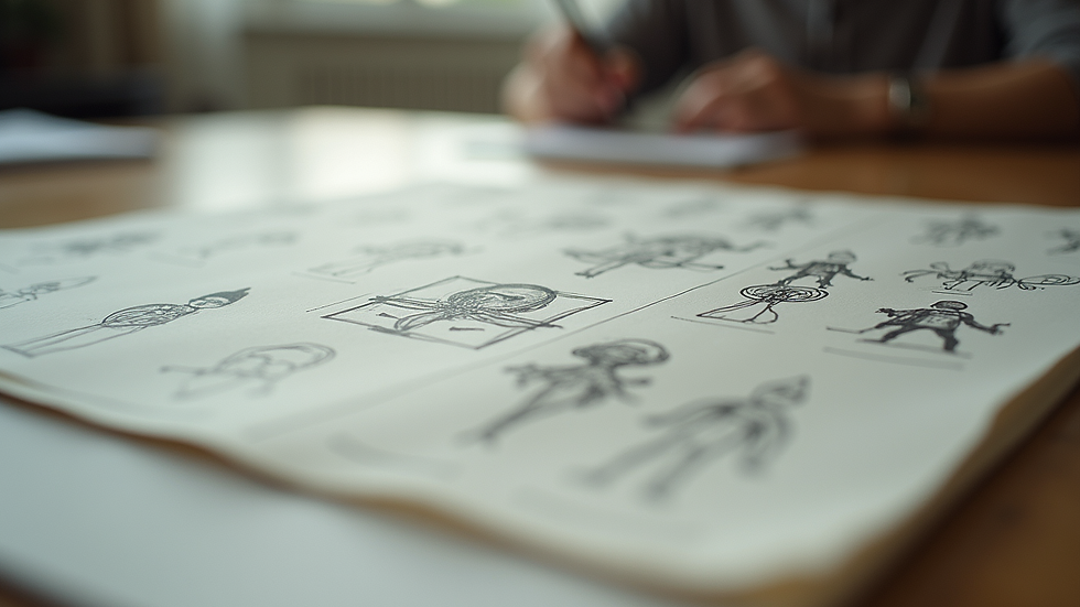 Close-up view of a storyboard with sketches of a character’s journey