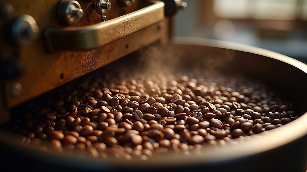 Close-up view of a coffee roaster machine with fresh beans being roasted