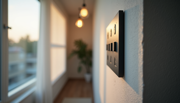 Eye-level view of a smart home control panel featuring Lutron lighting and shade controls