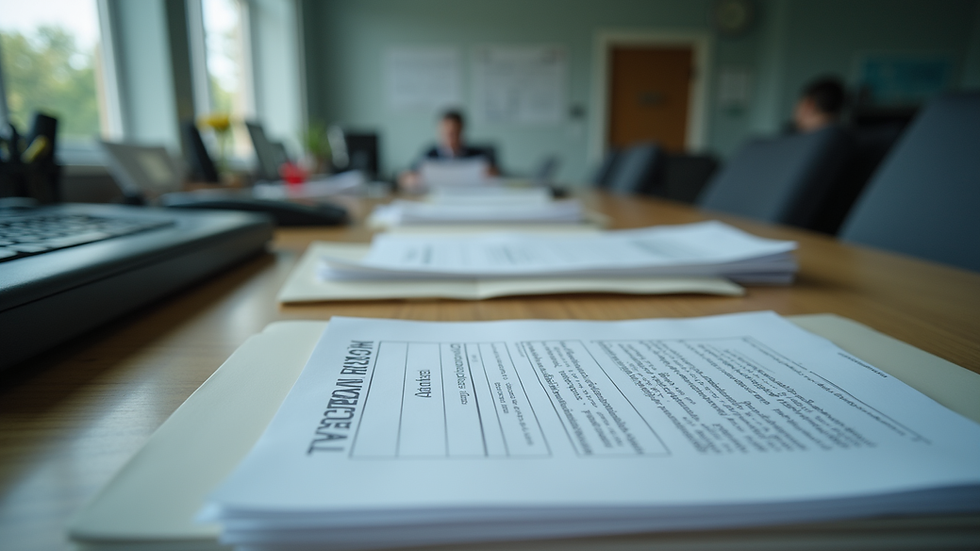 Eye-level view of a desk with organized veteran medical records and documents