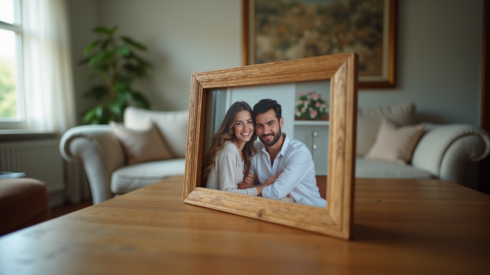 Eye-level view of a cozy living room with a couple's photo frame