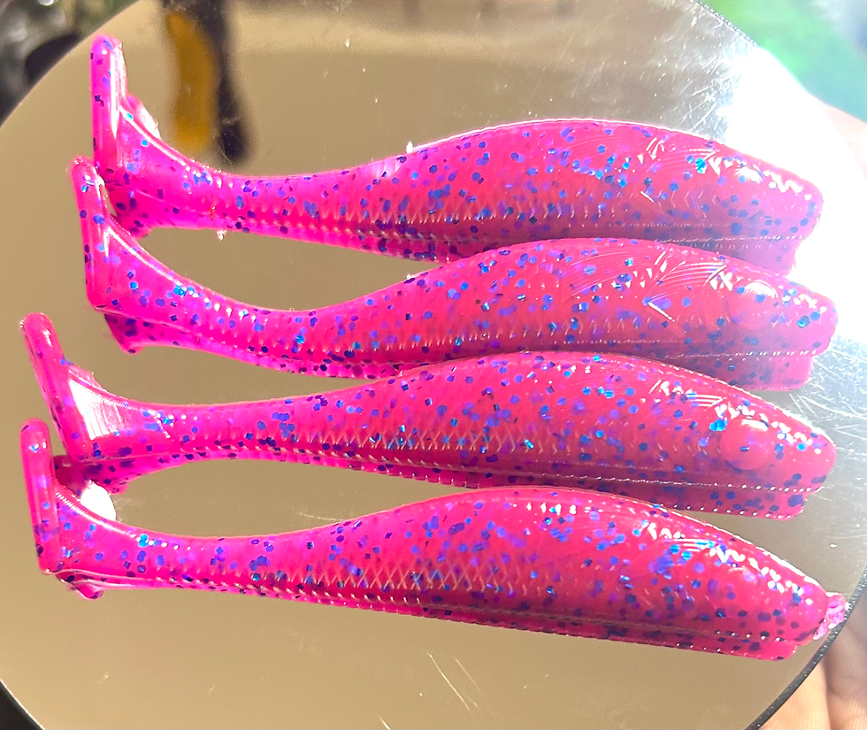 Thumbnail: Brains Baits Pink Zombie 4” Swimbait Paddle Tail – Neon Pink with Blue Flake Bas