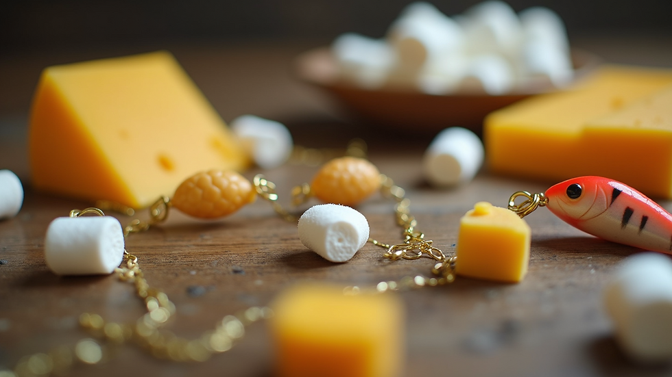 Eye-level view of assorted fishing baits including cheese and marshmallows