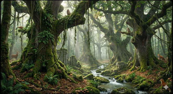 יער עתיק עם עצים מכוסים טחב ונחל קטן באור רך  Ancient forest with deep tree roots and flowing stream symbolizing trauma roots and healing process