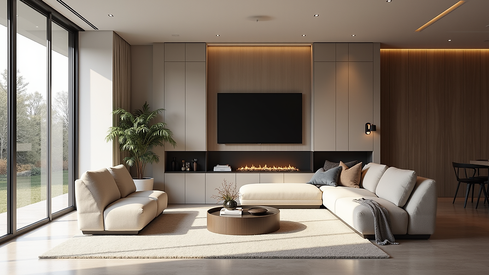 Wide angle view of a modern open-plan living room with built-in storage