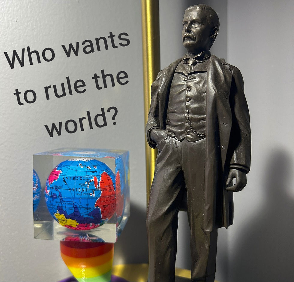 A statuette of Henry Flagler standing next to an upside-down globe suspended in a cube.