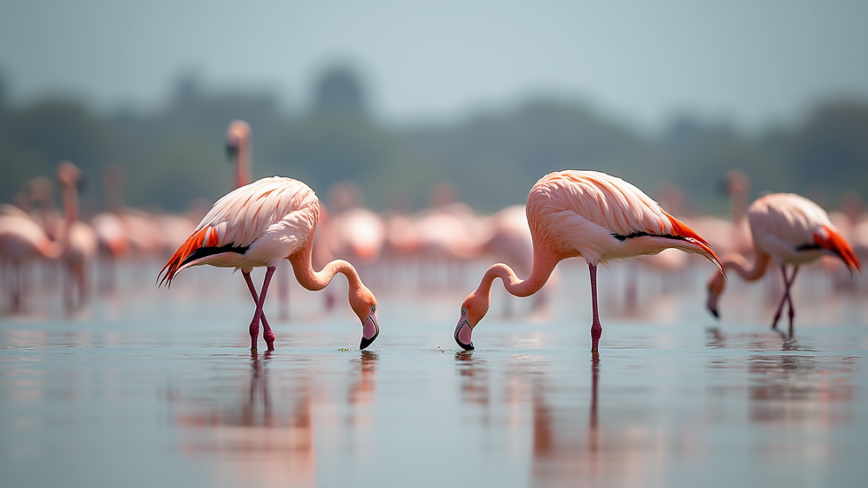 Eye-level view of flamingos feeding in Lake Nakuru