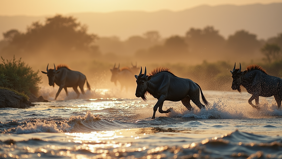 High angle view of wildebeest crossing the Mara River during migration