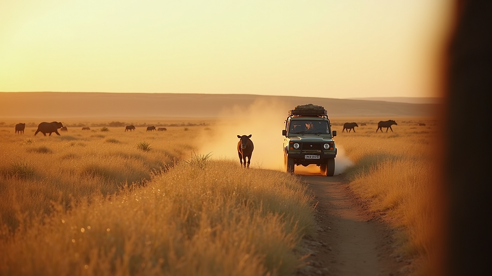 Eye-level view of a safari jeep driving through the Maasai Mara grasslands