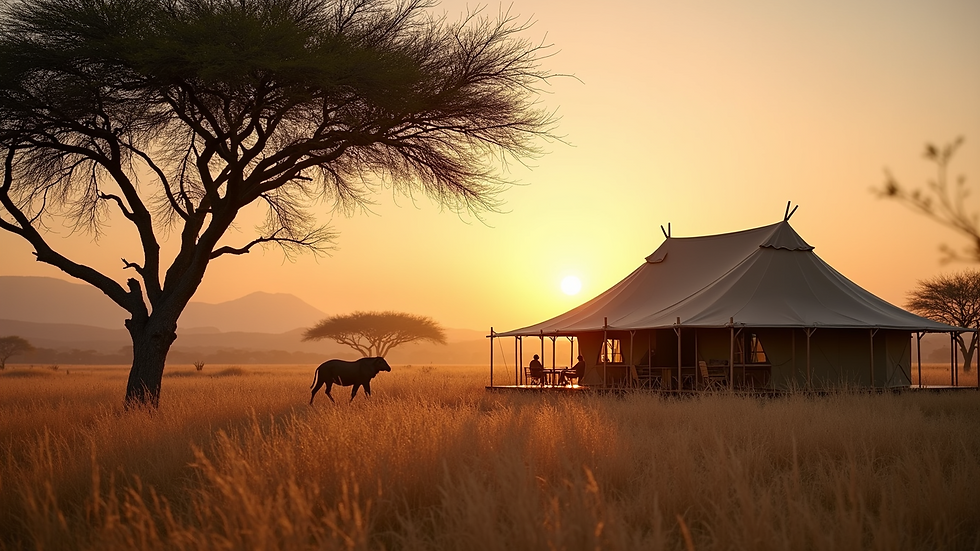 Wide angle view of a luxury tented camp in the Kenyan savannah