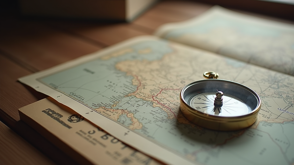 Close-up view of map and compass on wooden table