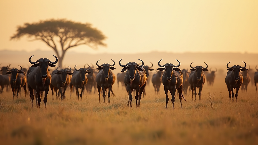 Eye-level view of wildebeest migration in the Masai Mara