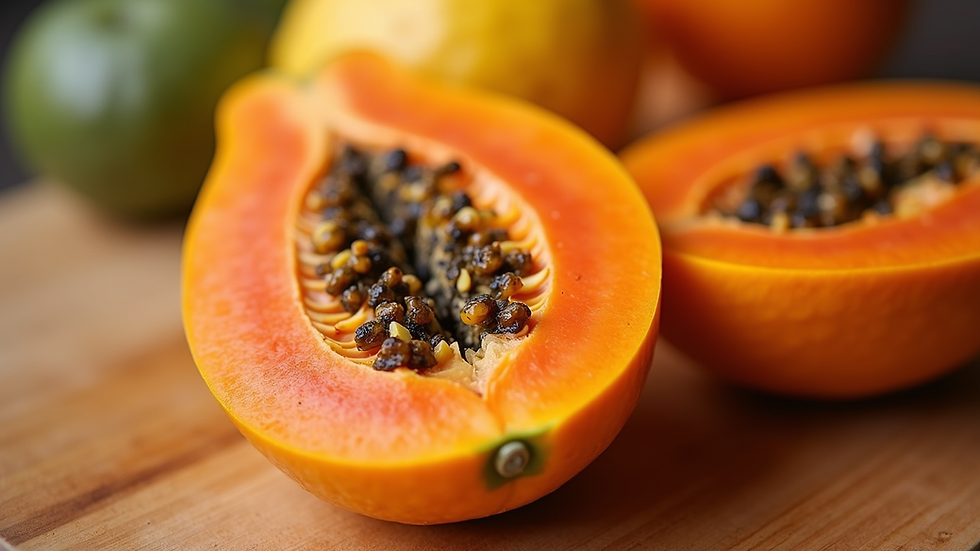 Close-up view of a sliced papaya revealing its bright orange flesh