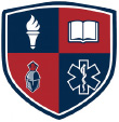 Graphic of a shield in navy and red with 4 quadrants including an image of a torch, a book, a helmet and medical icon