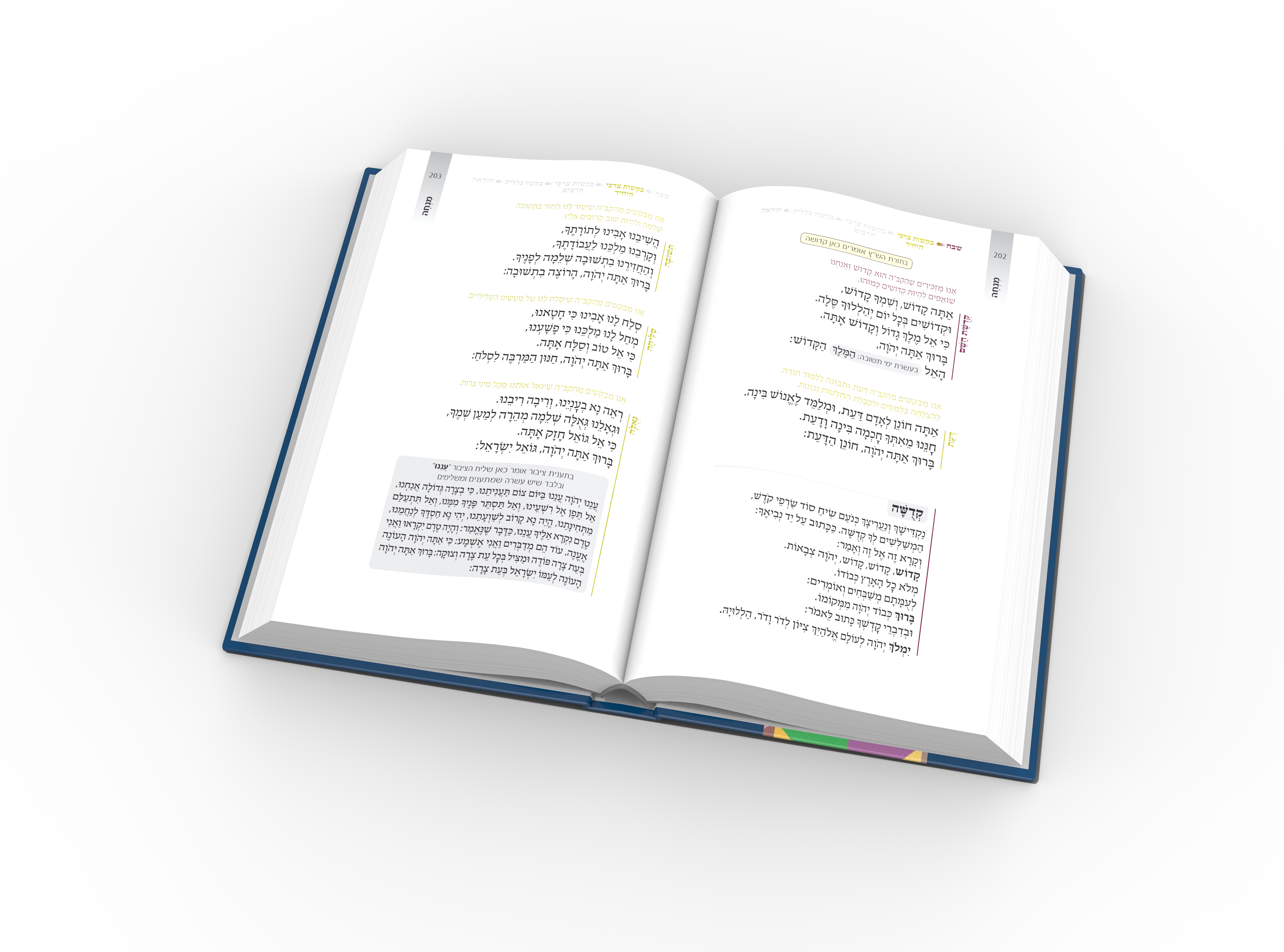 כפולת ספר עברי עם שורות קצרות, כותרות מודגשות וסימוני צבע בשולי העמוד