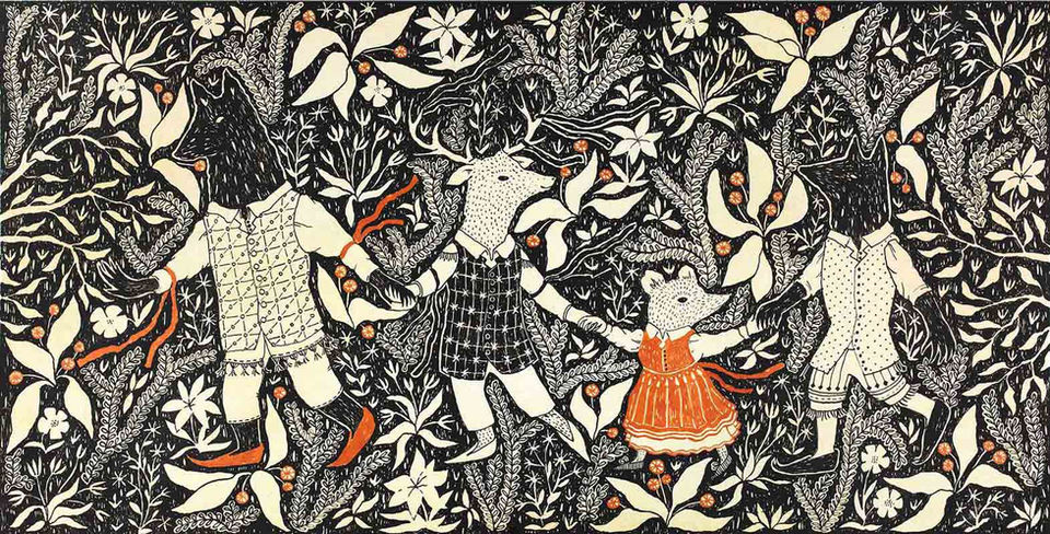 An ink drawing featuring woodland animals dancing, surrounded by a William Morris inspired floral pattern.