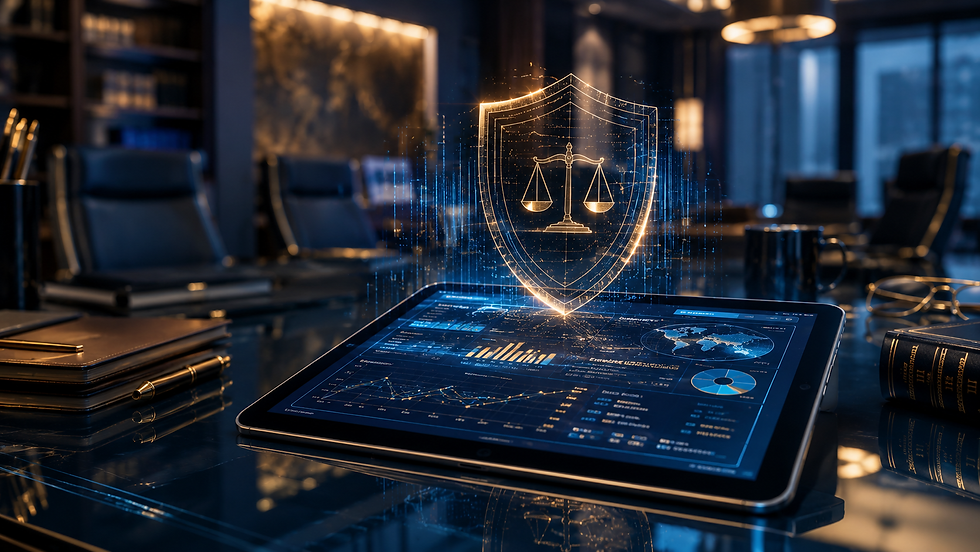 Mesa de escritório com tablet exibindo gráficos e dashboard de análise, enquanto um ícone de escudo com balança de justiça em estilo digital indica segurança e conformidade corporativa.