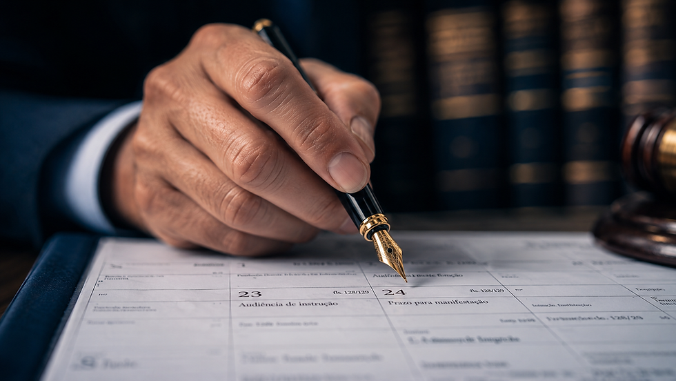 Mão de advogado assinando um documento com caneta dourada sobre papéis e arquivos jurídicos ao fundo, simbolizando contrato, atendimento legal e formalização.